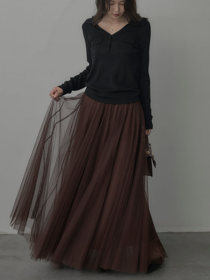 【SET】ポケットデザインリブニットトップス+ボリュームチュールスカート(2set)