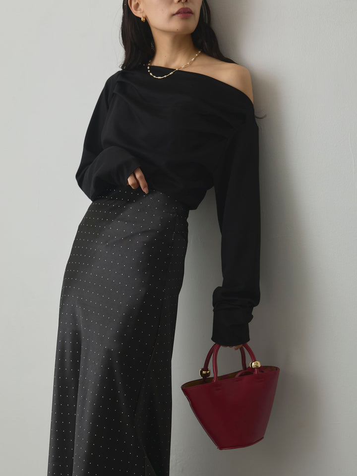 【SET】【Essential】2wayショルダードレープカットトップス+ドットサテンスカート(2set)