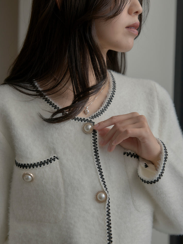 【SET】モヘアタッチパールボタンニットカーディガン+【Essential】ピーチスキンティアードスカート(2set)