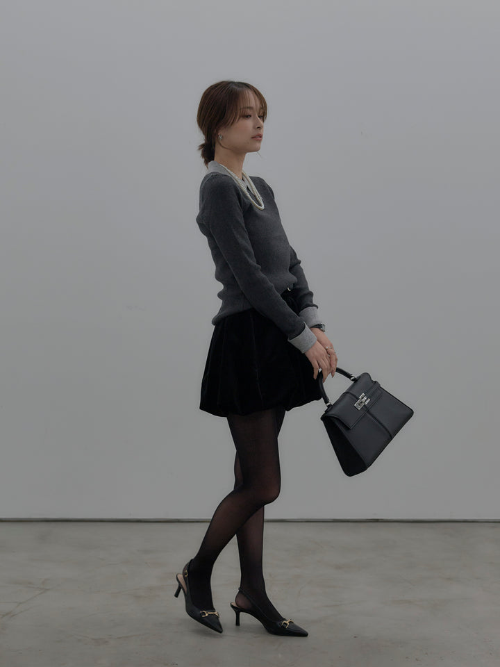 【SET】配色カフスニットポロ+ベロアバルーンミニスカート(インパン付き)(2set)