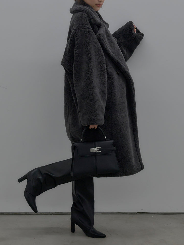 【SET】テディボアロングコート+アーガイル柄コンパクトニットカーディガン+ベロアバルーンミニスカート(インパン付き)(3set)