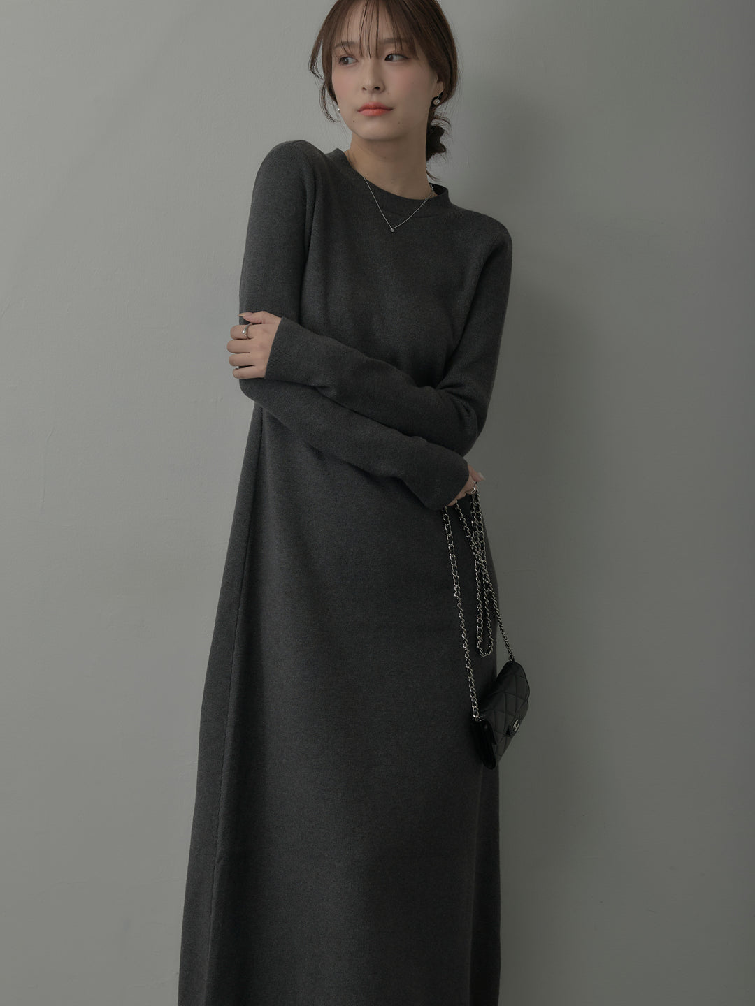 バックリボンニットロングワンピース