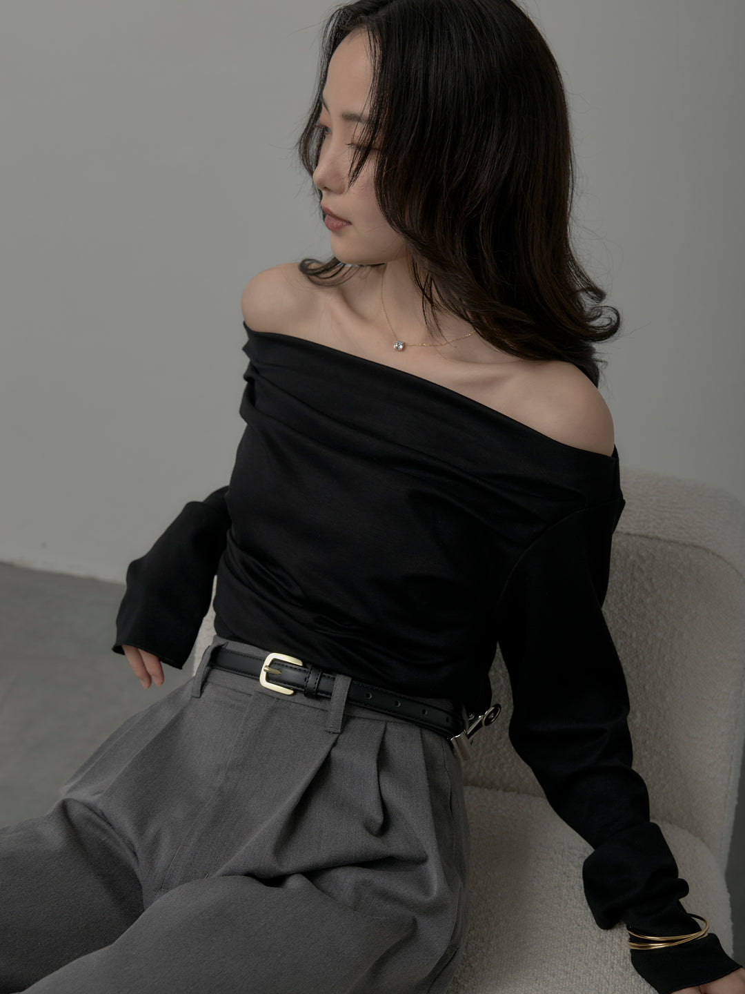 【SET】【Essential】2wayショルダードレープカットトップス+【Essential】３タックスラックス(2set)