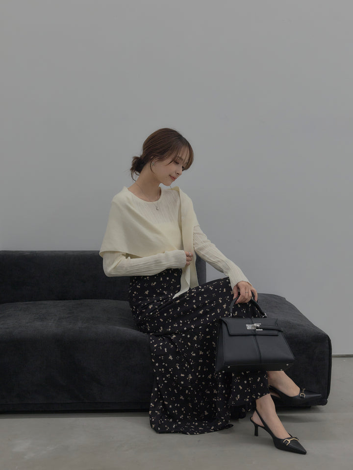 【SET】ニットスカーフ付きリブニットトップス+フラワーパターンマーメイドフレアスカート(2set)