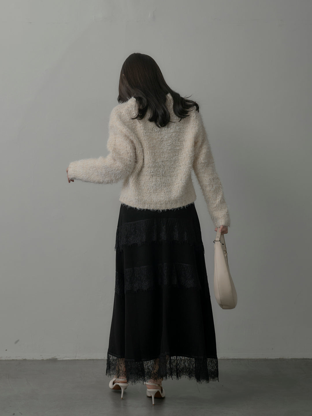 【SET】フェザーループニットカーディガン+レースデザインフレアスカート(2set)