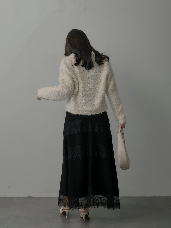 【SET】フェザーループニットカーディガン+レースデザインフレアスカート(2set)
