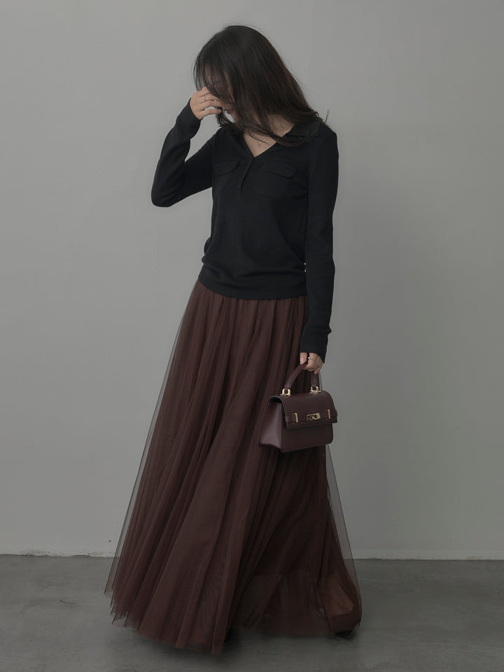 【SET】ポケットデザインリブニットトップス+ボリュームチュールスカート(2set)