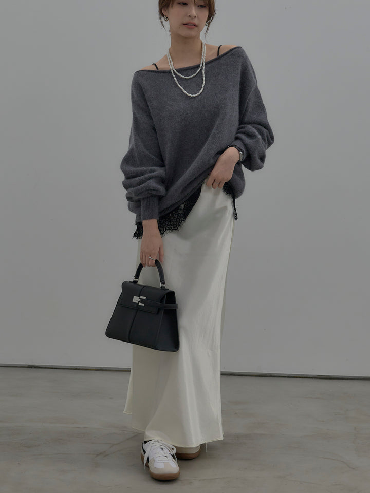 【SET】【premium touch】2wayショルダーニットプルオーバー+ナローAラインサテンスカート(2set)