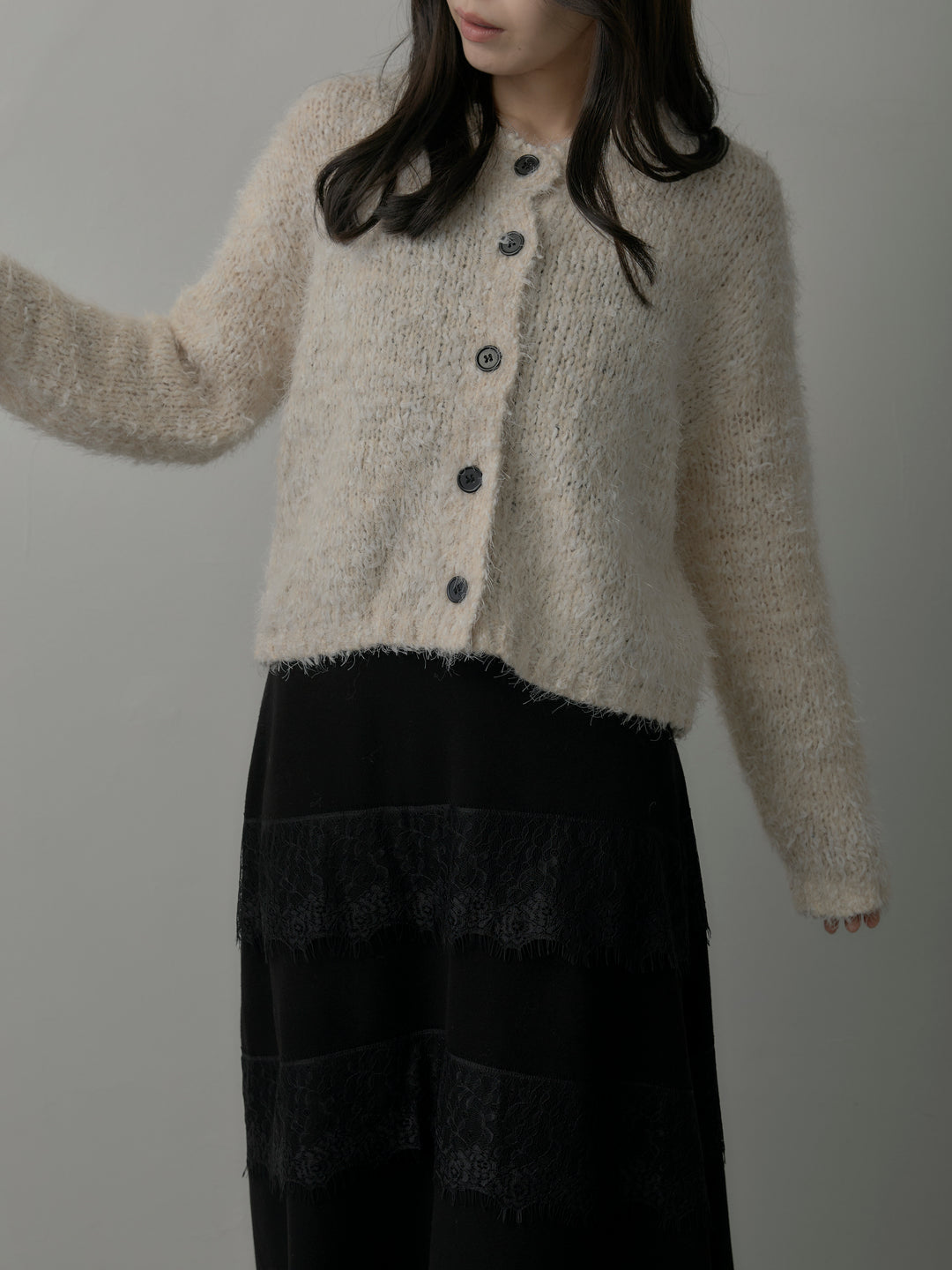 【SET】フェザーループニットカーディガン+レースデザインフレアスカート(2set)