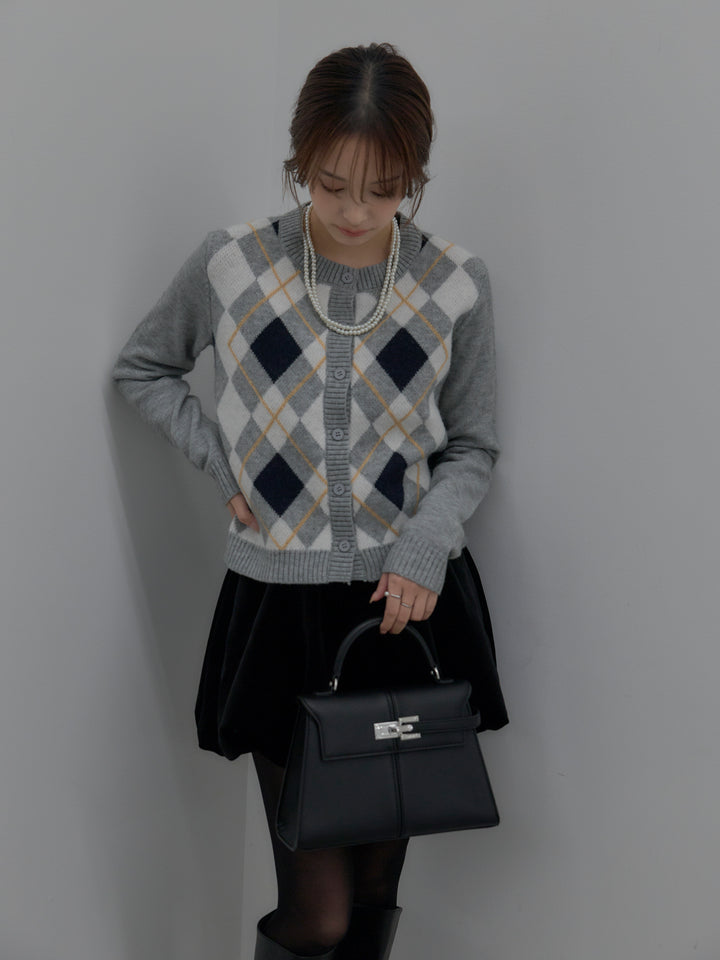 【SET】アーガイル柄コンパクトニットカーディガン+ベロアバルーンミニスカート(インパン付き)(2set)