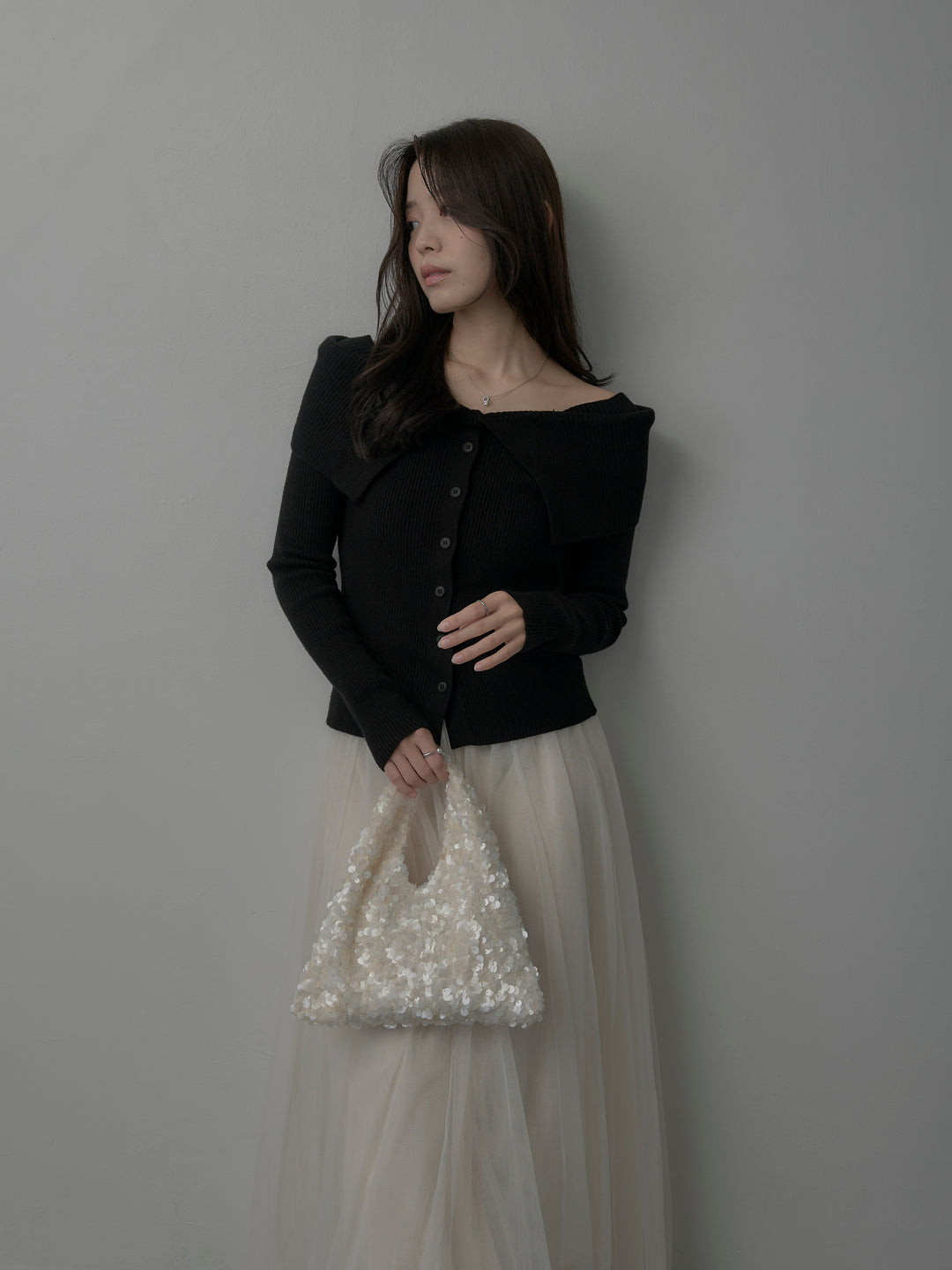 オフショルライクリブニットトップス