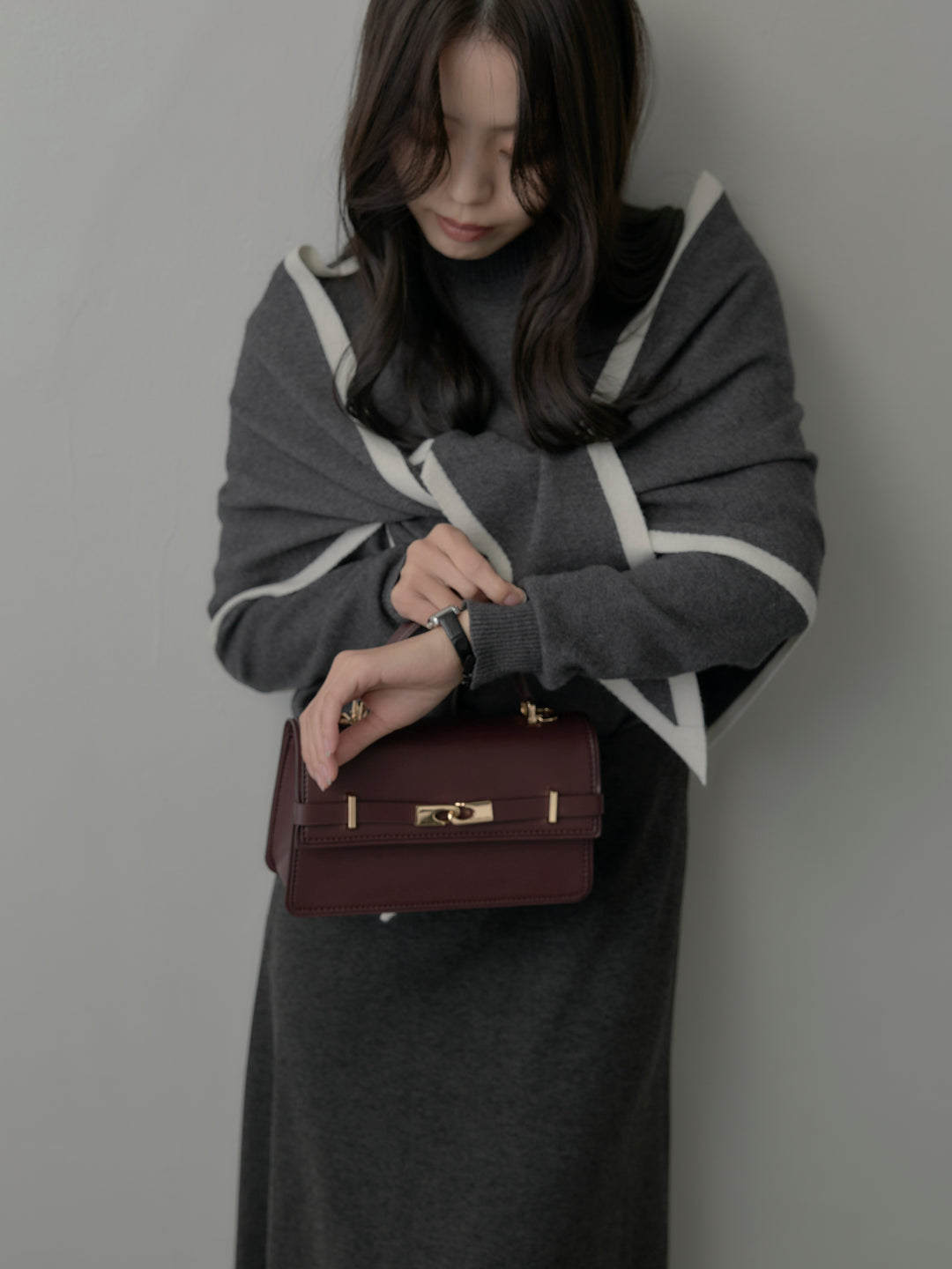 【SET】配色スカーフ付きニットトップス+リラクシーフレアロングスカート(2set)