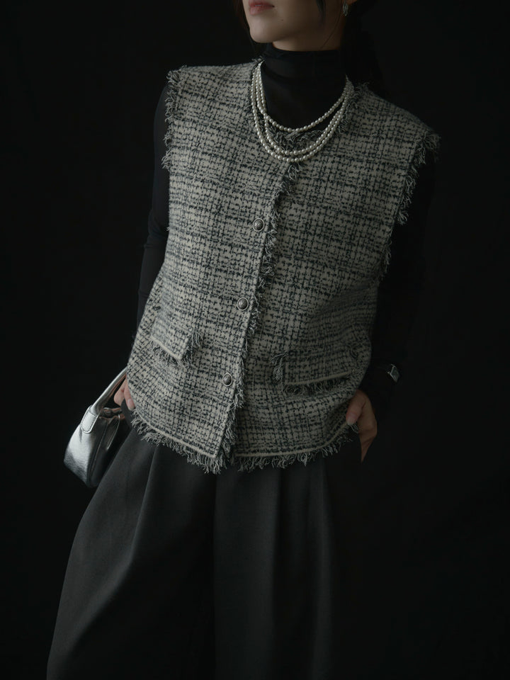 【SET】ツイードフリンジベスト+メロウフリルシアートップス+【ロープベルト付属】ウールタッチワイドパンツ(3set)