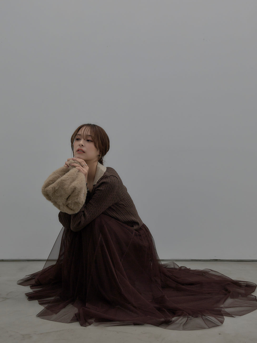 【SET】配色Vネックケーブルニットトップス+ボリュームチュールスカート(2set)