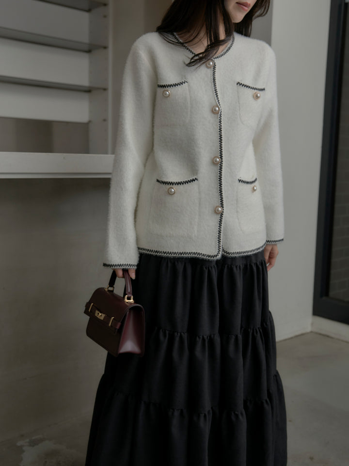 【SET】モヘアタッチパールボタンニットカーディガン+【Essential】ピーチスキンティアードスカート(2set)