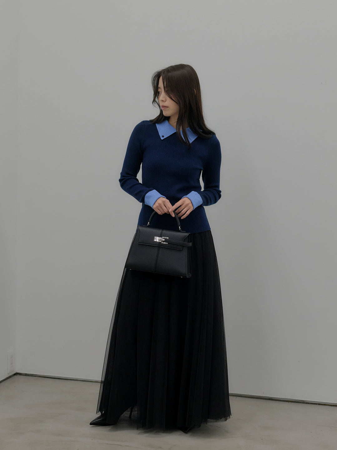 【SET】配色カフスニットポロ+ボリュームチュールスカート(2set)