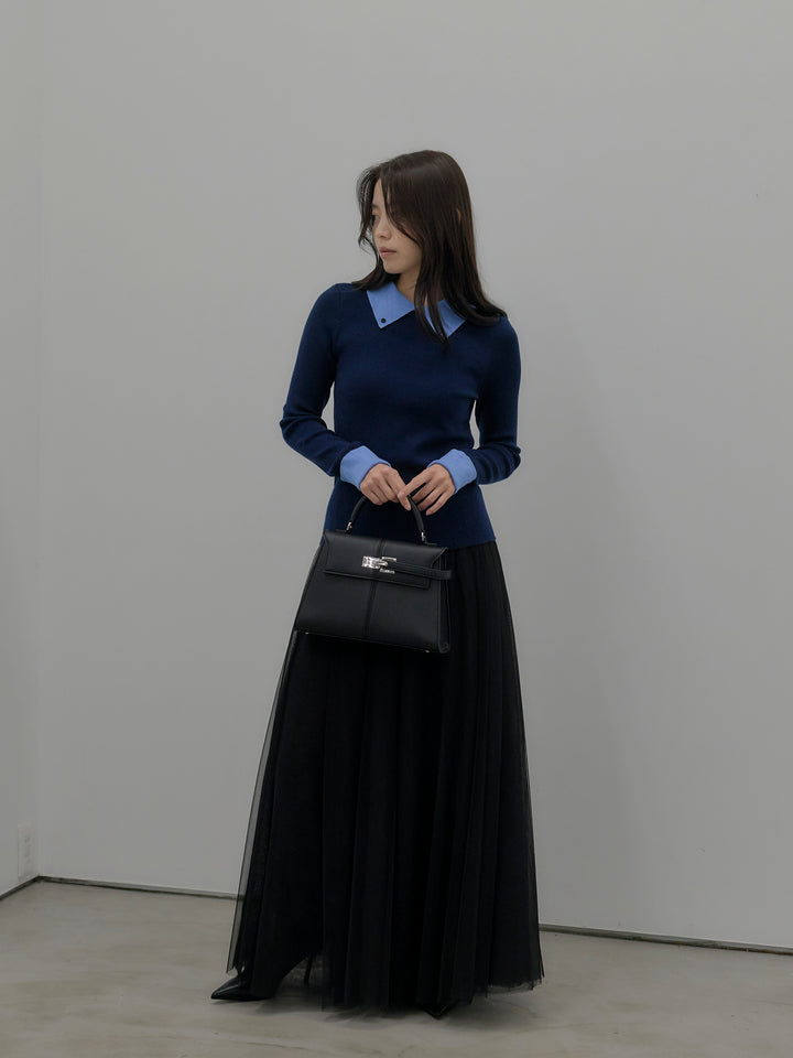 【SET】配色カフスニットポロ+ボリュームチュールスカート(2set)