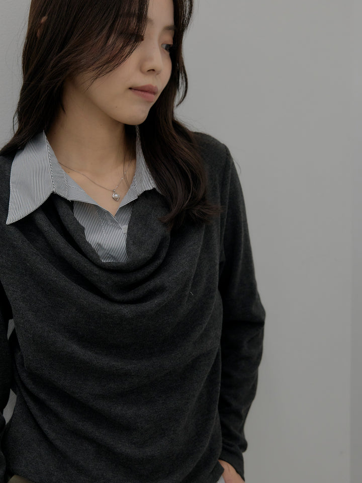 シャツレイヤードドレープニットトップス