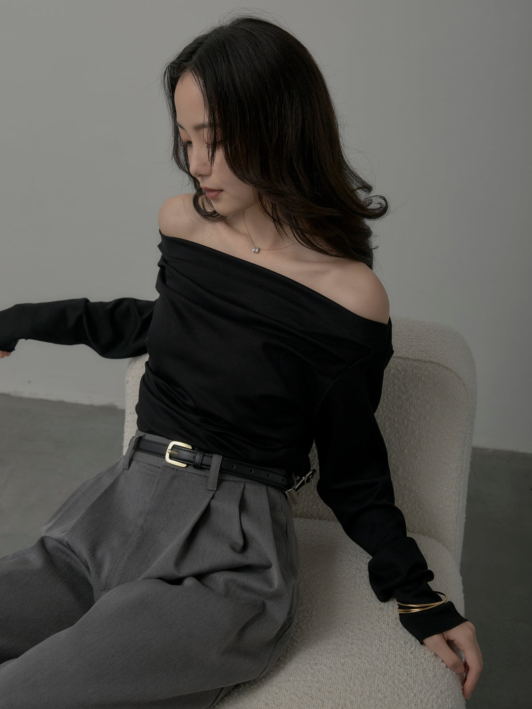 【SET】【Essential】2wayショルダードレープカットトップス+【Essential】３タックスラックス(2set)