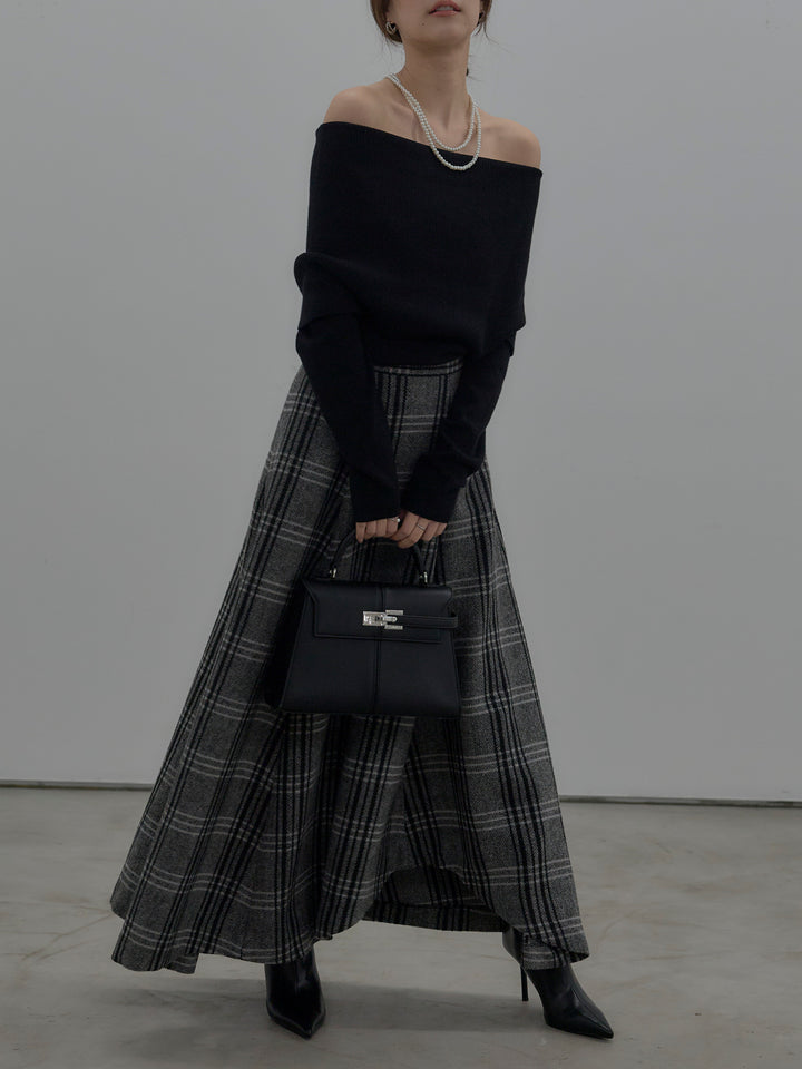 【SET】【premium touch】ソフトリブオフショルニットトップス+【Essential】クラシカルチェックウールタッチスカート(2set)