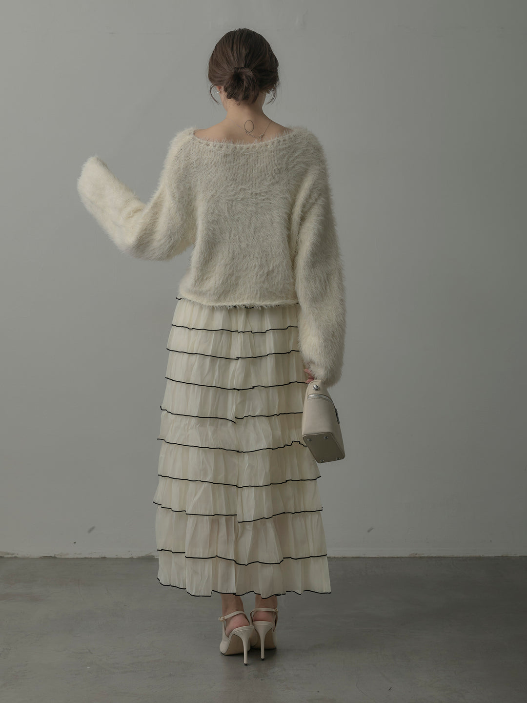 【SET】襟デザインシャギーニットトップス+バイカラーフリルチュールスカート(2set)