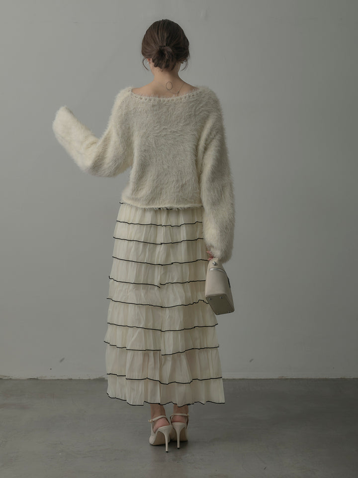 【SET】襟デザインシャギーニットトップス+バイカラーフリルチュールスカート(2set)