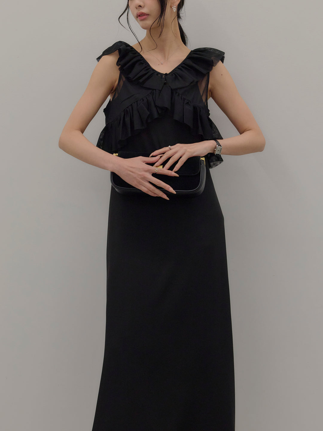 チュールフリルベスト付きツイルキャミワンピース