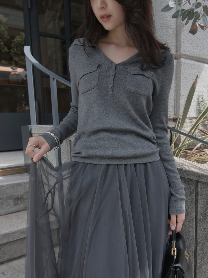 【SET】ポケットデザインリブニットトップス+ボリュームチュールスカート(2set)