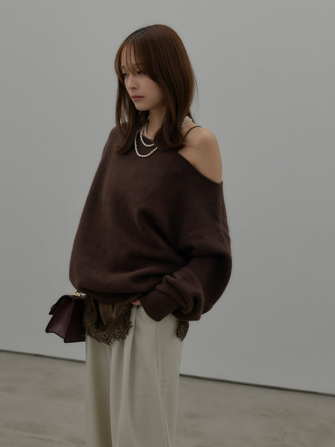 【SET】【premium touch】2wayショルダーニットプルオーバー+レースサテンキャミソール(2set)