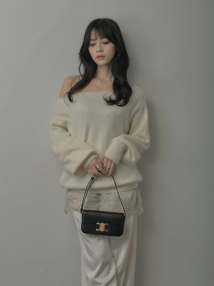 【SET】【premium touch】2wayショルダーニットプルオーバー+レースサテンキャミソール+【Essential】センタープレスサテンパンツ(3set)