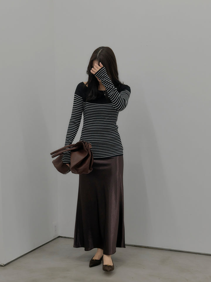 【SET】ハーフボーダーニットトップス+ナローAラインサテンスカート(2set)