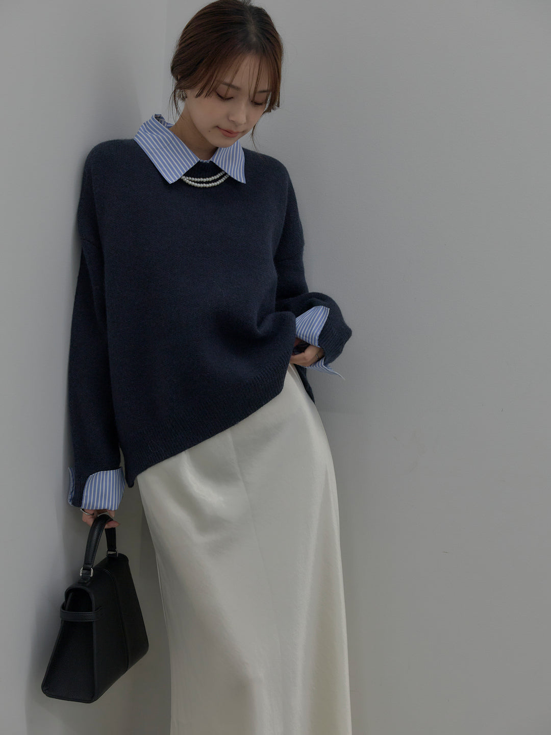 【SET】シャツドッキング肉厚ニットプルオーバー+ナローAラインサテンスカート(2set)