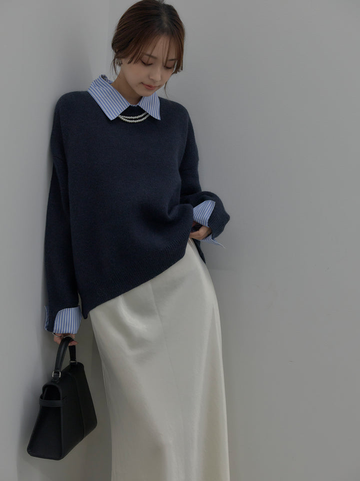 【SET】シャツドッキング肉厚ニットプルオーバー+ナローAラインサテンスカート(2set)