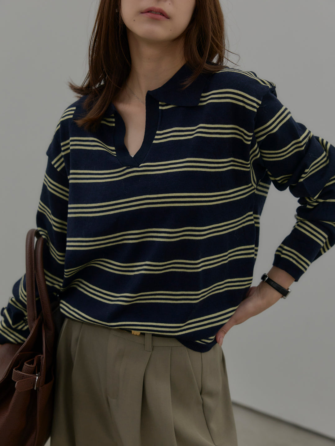 ボーダーポロ襟ニットプルオーバー