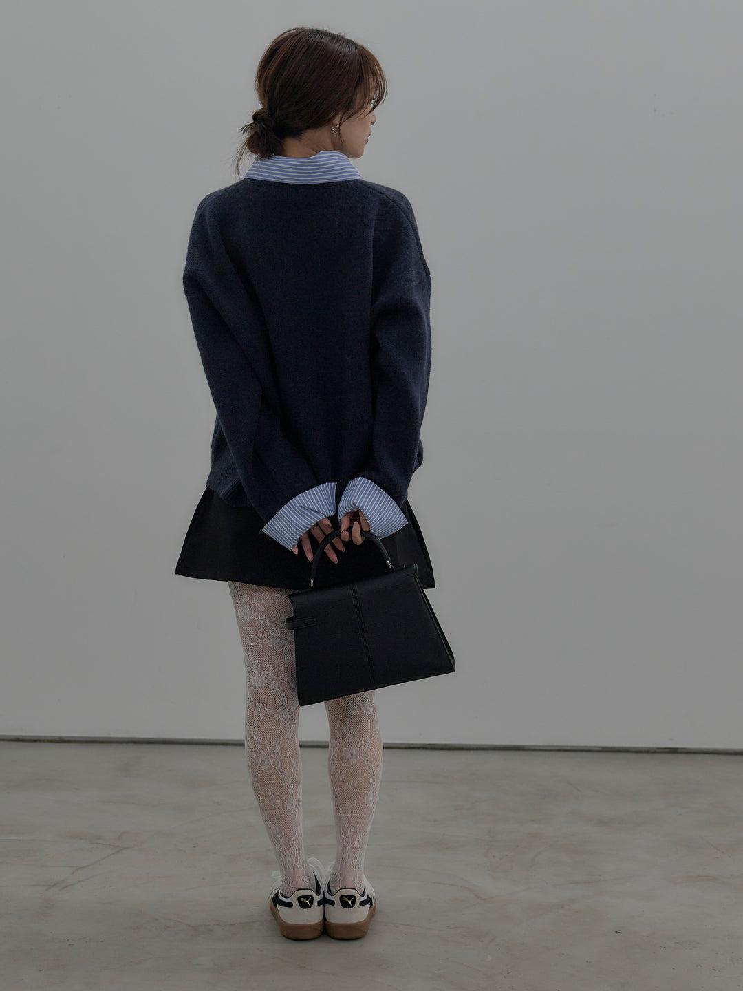 【SET】シャツドッキング肉厚ニットプルオーバー+ベルト付きプリーツミニスカート(2set)