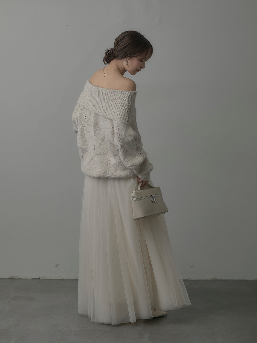 【SET】メランジニットオフショルトップス+ボリュームチュールスカート(2set)