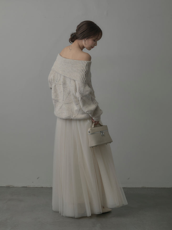 【SET】メランジニットオフショルトップス+ボリュームチュールスカート(2set)