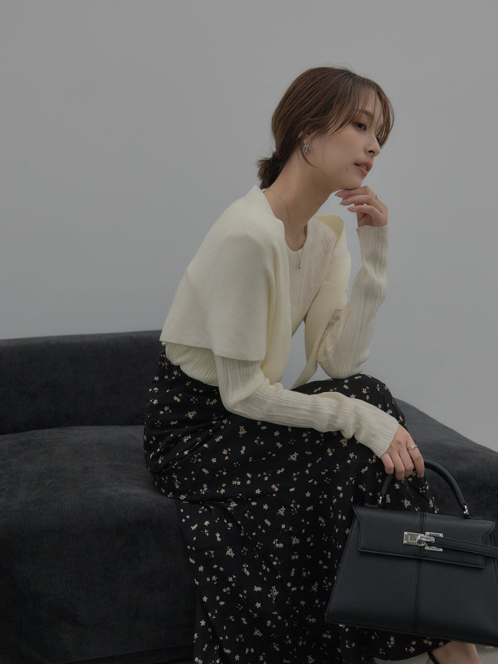 【SET】ニットスカーフ付きリブニットトップス+フラワーパターンマーメイドフレアスカート(2set)