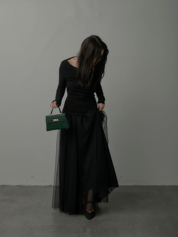 【SET】ドレープデザイントップス+ボリュームチュールスカート(2set)