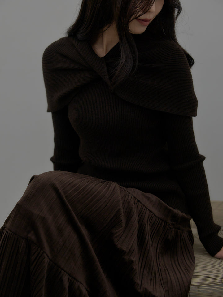 【SET】ケープライクデザインリブニットトップス+ベロアプリーツティアードスカート(2set)