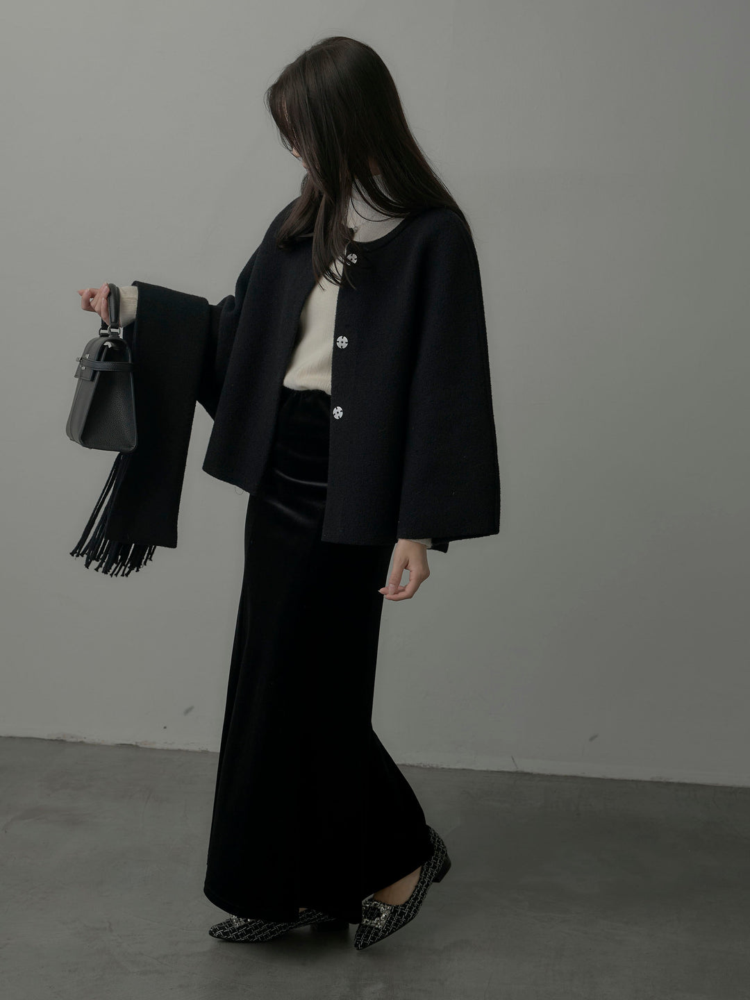 【SET】マフラー付き2WAYケープコート+リブニットタートルネック+ベロアマーメイドスカート(3set)