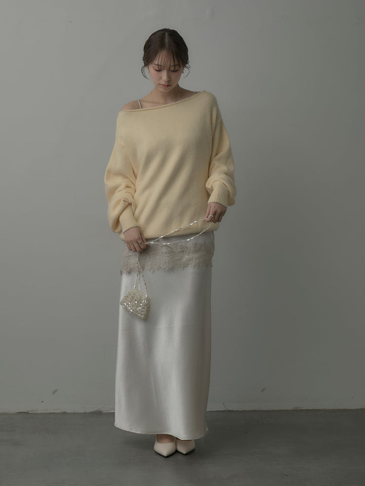 【SET】【premium touch】2wayショルダーニットプルオーバー+レースサテンキャミソール+ナローAラインサテンスカート(3set)