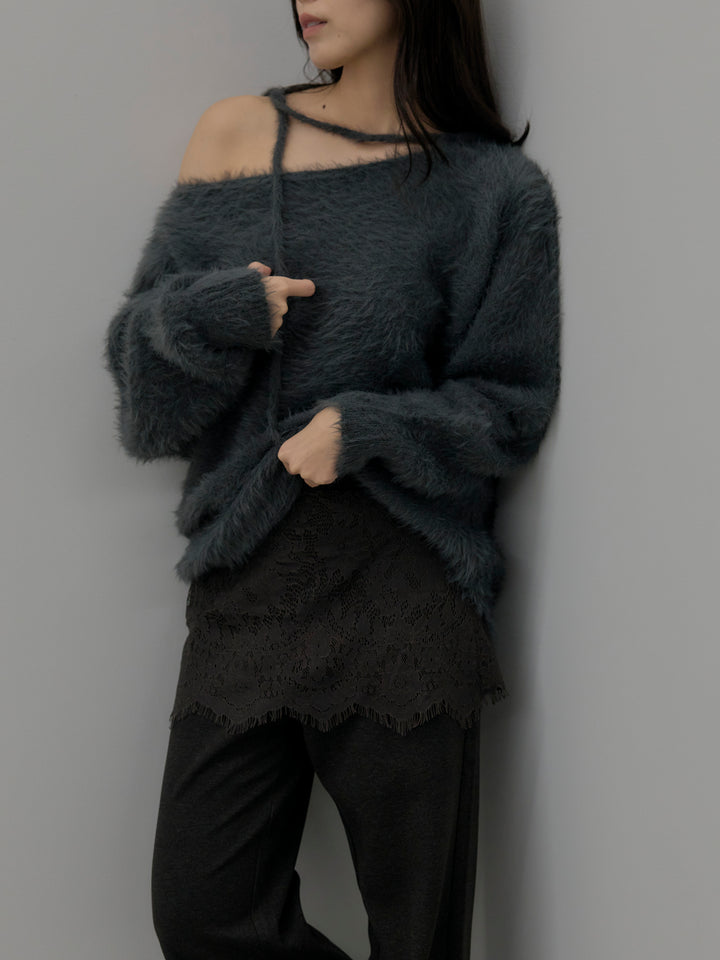 【SET】ネックリボンワンショルダーシャギーニット+レースレイヤードセミフレアパンツ(2set)