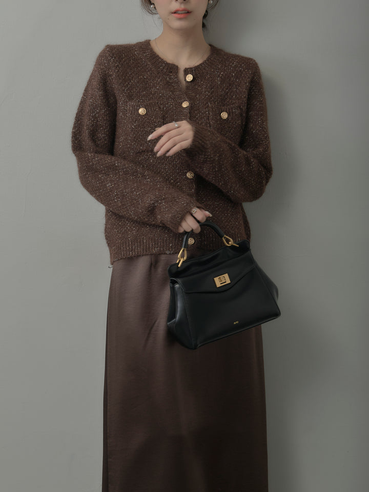 【SET】MIXニットゴールドボタンニットカーディガン+裾レースサテンスカート(2set)