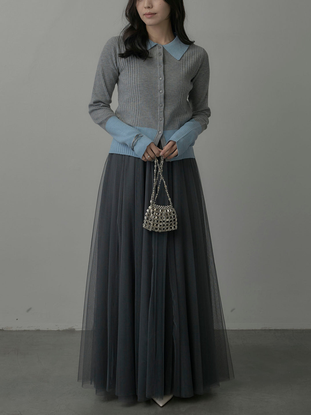 【SET】バイカラーリブニットポロトップス+ボリュームチュールスカート(2set)