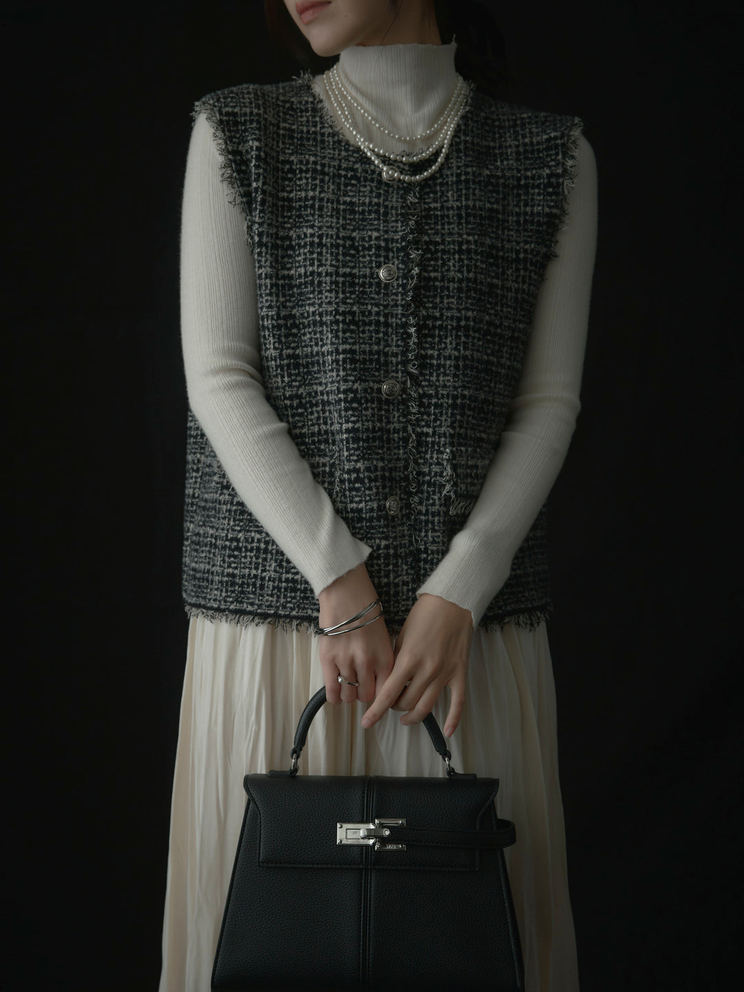 【SET】ツイードフリンジベスト+リブニットタートルネック+ベロアワッシャープリーツスカート(3set)