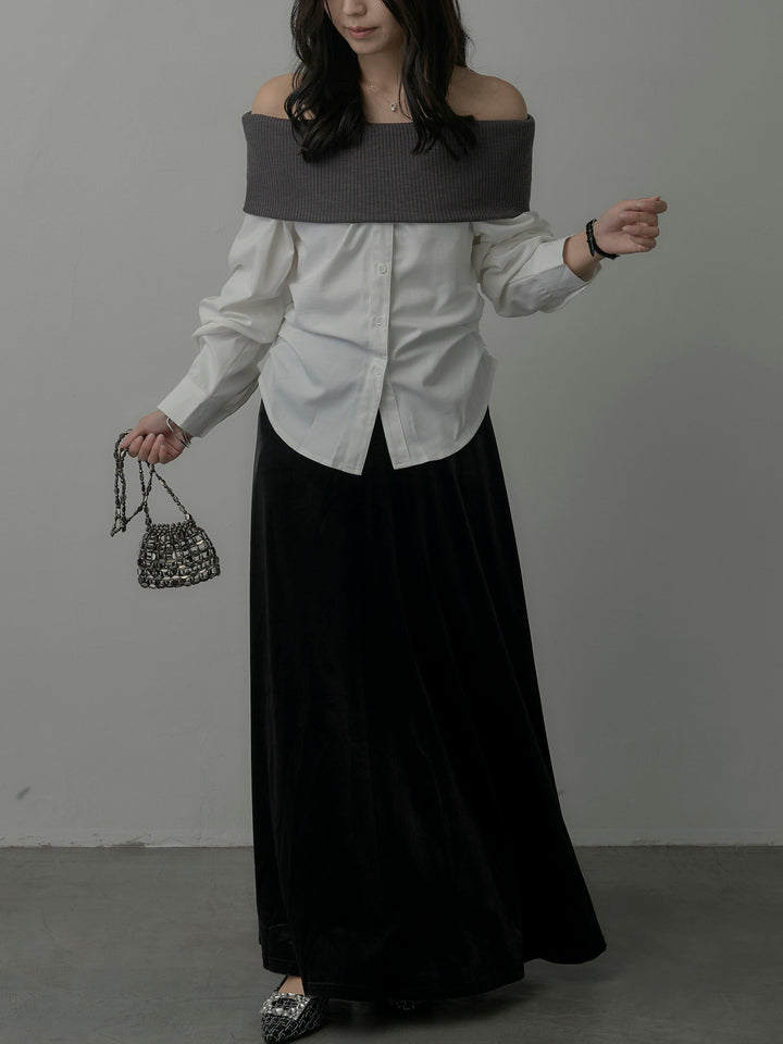 【SET】ニットシャツドッキングオフショルトップス+ベロアフレアロングスカート(2set)