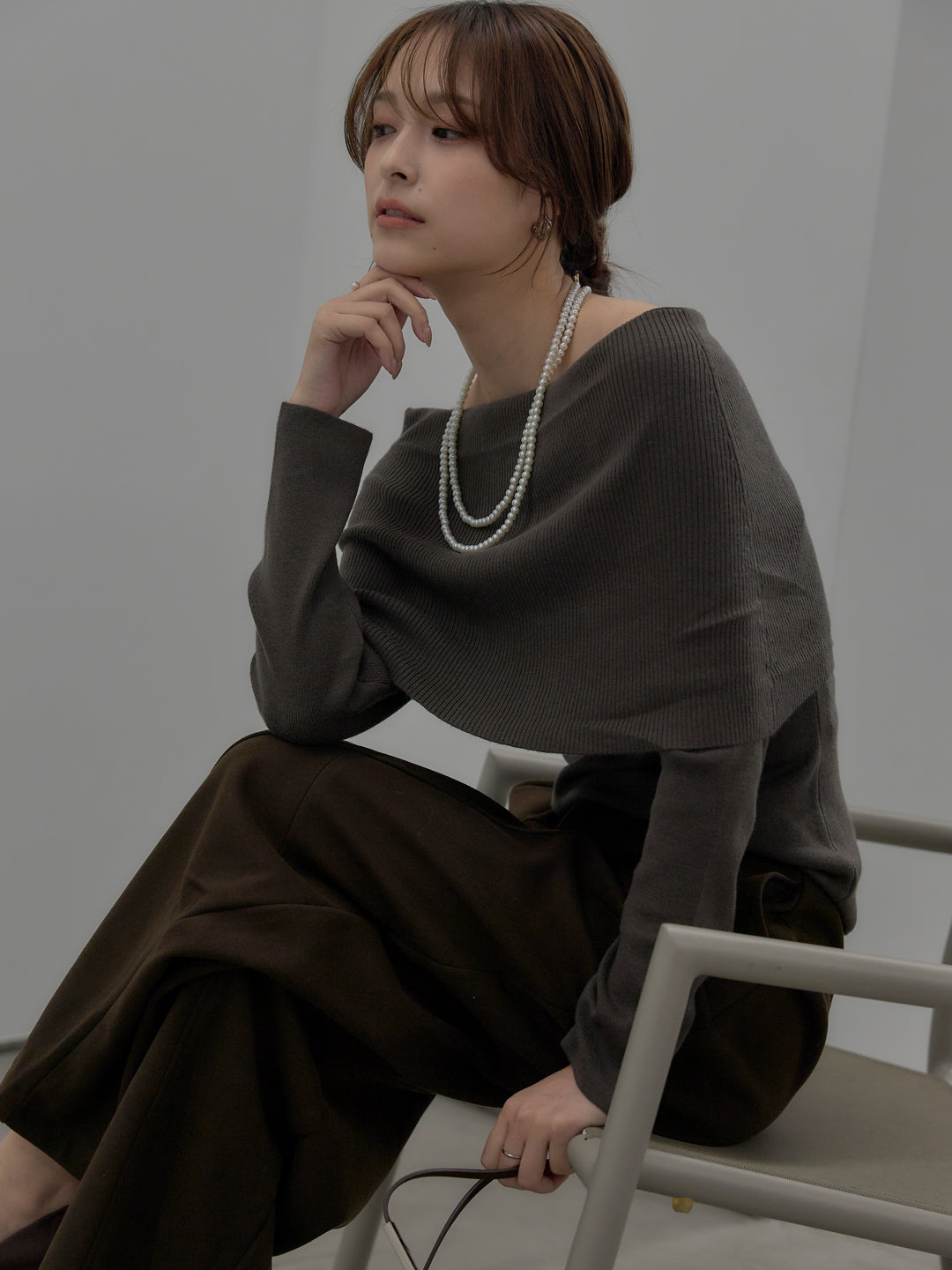 【SET】【premium touch】ソフトリブオフショルニットトップス+カーブデザインスウェットライクパンツ(2set)