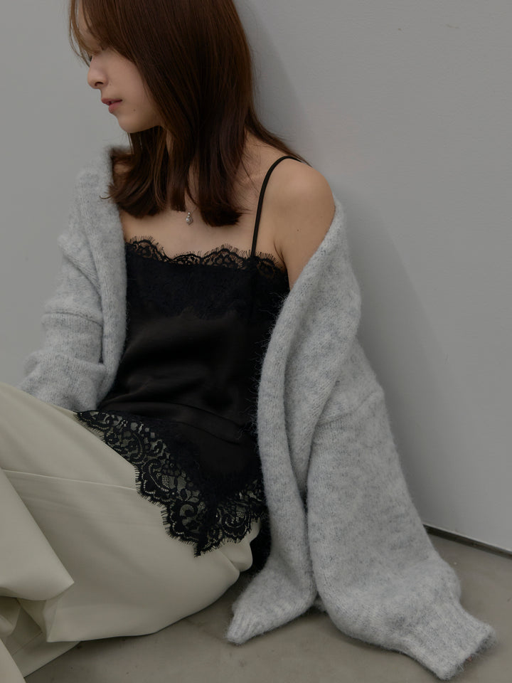 【SET】モヘアライクオーバーニットカーディガン+レースサテンキャミソール(2set)