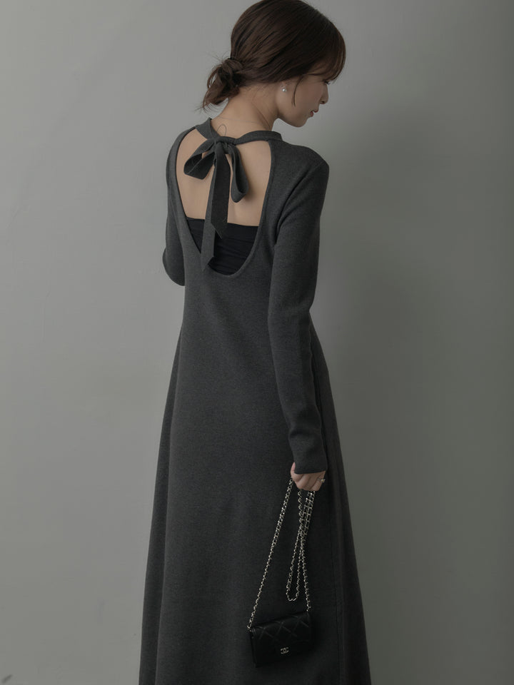 バックリボンニットロングワンピース